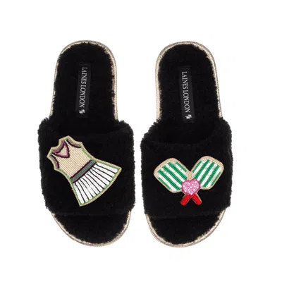 Laines London Women's Teddy Toweling Slipper Sliders With Pickleball Brooches - Black
