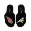 Laines London Women's Teddy Toweling Slipper Sliders With Pink Foxglove Flowers & Blue Tit Brooches - Black In Black