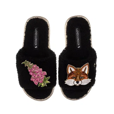 Laines London Women's Teddy Toweling Slipper Sliders With Pink Foxglove Flowers & Fox Brooches - Black
