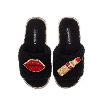 Laines London Women's Teddy Toweling Slipper Sliders With Red Lipstick & Lips Brooches - Black