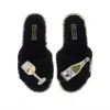 Laines London Women's Teddy Toweling Slipper Sliders With Vino Darling Brooches - Black In Black
