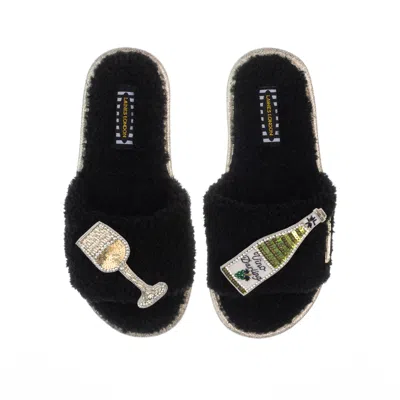 Laines London Women's Teddy Toweling Slipper Sliders With Vino Darling Brooches - Black