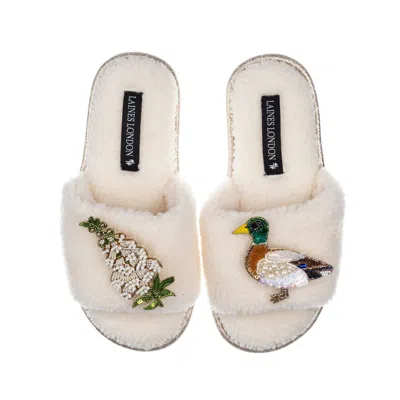 Laines London Women's Teddy Toweling Slipper Sliders With White Foxglove Flowers & Duck Brooches - Cream