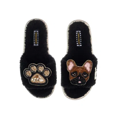 Laines London Women's Teddy Toweling Slippers With Cookie The Frenchie & Paw Brooches - Black