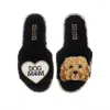 Laines London Women's Teddy Toweling Slippers With Enki-doo The Cockapoo & Dog Mum /mom Brooches - Black In Black