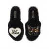 Laines London Women's Teddy Toweling Slippers With Misty Cat & Cat Mom / Mum Brooches - Black In Black