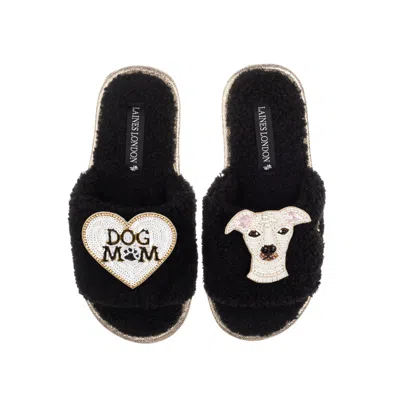 Laines London Women's Teddy Toweling Slippers With Olive The Italian Greyhound & Dog Mum / Mom Brooches - Black