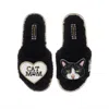 Laines London Women's Teddy Toweling Slippers With Oreo & Cat Mom / Mum Brooches - Black In Black