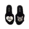 Laines London Women's Teddy Toweling Slippers With Pebbles Cat & Cat Mom / Mum Brooches - Black In Black