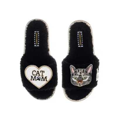 Laines London Women's Teddy Toweling Slippers With Pebbles Cat & Cat Mom / Mum Brooches - Black