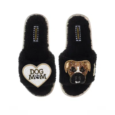 Laines London Women's Teddy Toweling Slippers With Pip The Boxer & Dog Mum /mom Brooches - Black