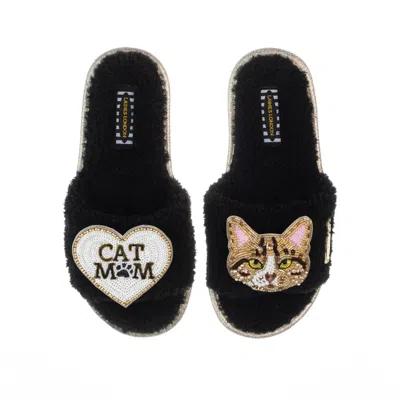 Laines London Women's Teddy Toweling Slippers With Tabby Cat & Cat Mom / Mum Brooches - Black