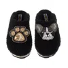 Laines London Women's Teddy Towelling Closed Toe Slippers With Coco & Paw Brooches - Black In Black
