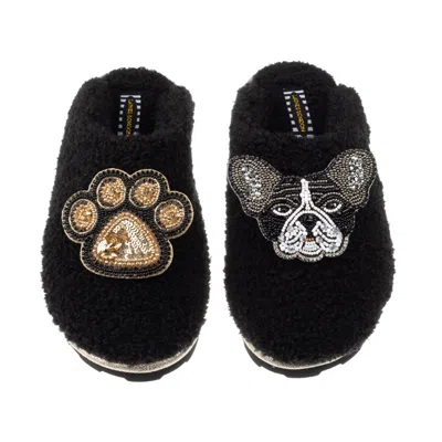 Laines London Women's Teddy Towelling Closed Toe Slippers With Coco & Paw Brooches - Black