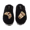 Laines London Women's Teddy Towelling Closed Toe Slippers With Coffee & Croissant Brooches - Black In Black
