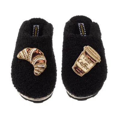 Laines London Women's Teddy Towelling Closed Toe Slippers With Coffee & Croissant Brooches - Black