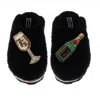 Laines London Women's Teddy Towelling Closed Toe Slippers With Embellished Bubbles Darling Brooches - Black In Black