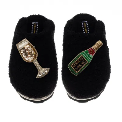 Laines London Women's Teddy Towelling Closed Toe Slippers With Embellished Bubbles Darling Brooches - Black