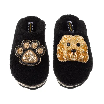 Laines London Women's Teddy Towelling Closed Toe Slippers With Enki Doo & Paw Brooch - Black