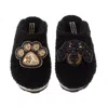 Laines London Women's Teddy Towelling Closed Toe Slippers With Little Sausage & Paw Brooch - Black In Black