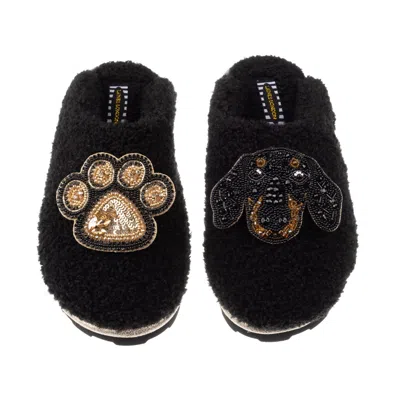 Laines London Women's Teddy Towelling Closed Toe Slippers With Little Sausage & Paw Brooch - Black