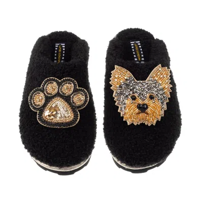 Laines London Women's Teddy Towelling Closed Toe Slippers With Minnie Yorkie & Paw Brooches - Black