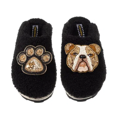 Laines London Women's Teddy Towelling Closed Toe Slippers With Mr Beefy Bulldog & Paw Brooch -black