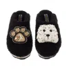 Laines London Women's Teddy Towelling Closed Toe Slippers With Queenie & Paw Brooch - Black In Black
