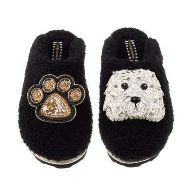 Laines London Women's Teddy Towelling Closed Toe Slippers With Queenie & Paw Brooch - Black