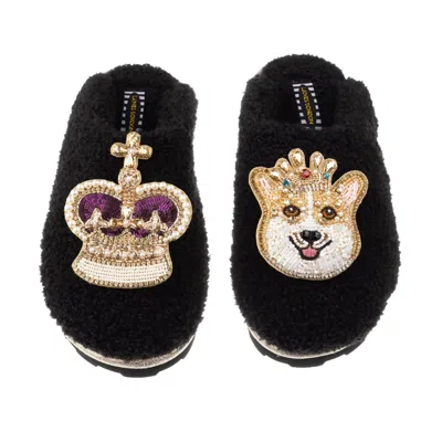 Laines London Women's Teddy Towelling Closed Toe Slippers With Sandy The Corgi & Royal Crown Brooches - Black