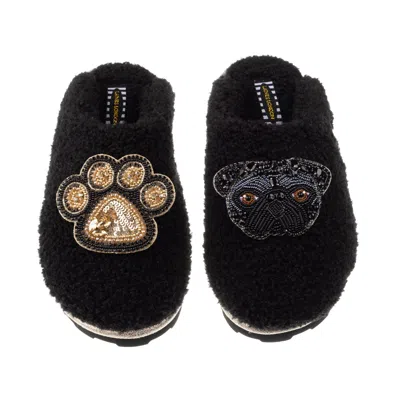 Laines London Women's Teddy Towelling Closed Toe Slippers With Snoopy & Paw Brooch - Black