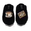 Laines London Women's Teddy Towelling Closed Toe Slippers With Tea & Biscuit Brooches - Black In Black