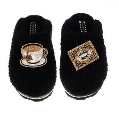 Laines London Women's Teddy Towelling Closed Toe Slippers With Tea & Biscuit Brooches - Black