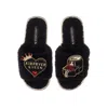 Laines London Women's Teddy Towelling Laines X Juliet Sears Slipper Sliders With Airfryer Queen Brooches - Black In Black