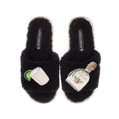 Laines London Women's Teddy Towelling Slipper Sliders With Agave Tequila Brooches - Black