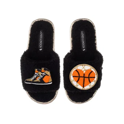 Laines London Women's Teddy Towelling Slipper Sliders With Basketball Lover Brooches - Black