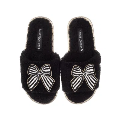 Laines London Women's Teddy Towelling Slipper Sliders With Black Stripe Bow Brooches - Black