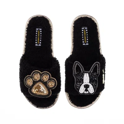 Laines London Women's Teddy Towelling Slipper Sliders With Buddy Boston Terrier & Paw Brooches - Black