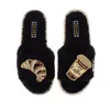 Laines London Women's Teddy Toweling Slipper Sliders With Coffee & Croissant Brooches - Black In Black