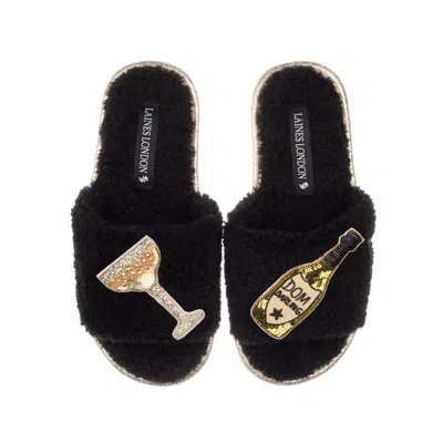Laines London Women's Teddy Towelling Slipper Sliders With Dom Darling Champagne Brooches - Black