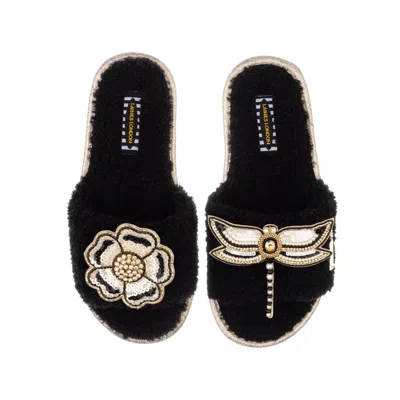 Laines London Women's Teddy Towelling Slipper Sliders With Dragonfly & Flower Brooches - Black