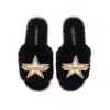 Laines London Women's Teddy Towelling Slipper Sliders With Fucking Fabulous Brooches - Black In Black