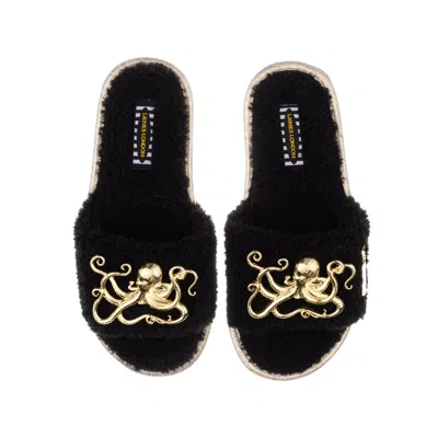 Laines London Women's Teddy Towelling Slipper Sliders With Gold Metal Octopus Brooches - Black