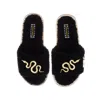 Laines London Women's Teddy Towelling Slipper Sliders With Gold Metal Snake Brooches - Black In Black