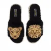 Laines London Women's Teddy Toweling Slipper Sliders With Lion & Lioness Brooches - Black In Black