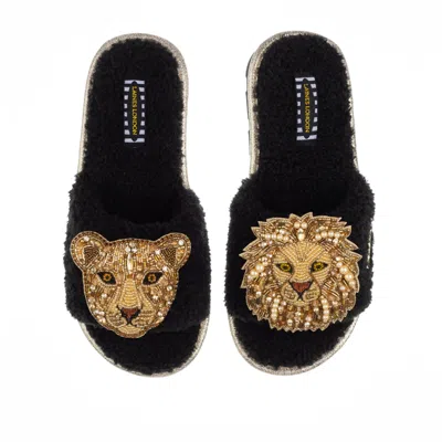 Laines London Women's Teddy Toweling Slipper Sliders With Lion & Lioness Brooches - Black