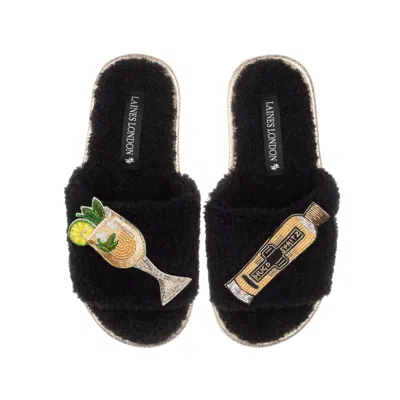 Laines London Women's Teddy Towelling Slipper Sliders With Hugo Spritz Brooches - Black