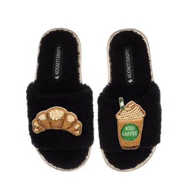 Laines London Women's Teddy Towelling Slipper Sliders With Iced Coffee & Croissant Brooches - Black