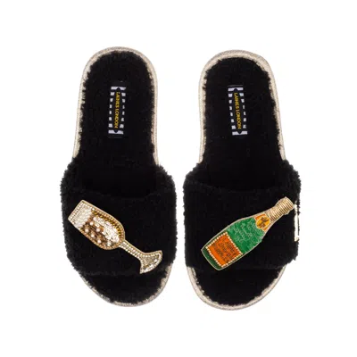Laines London Women's Teddy Towelling Slipper Sliders With Laines Champers & Glass Brooches - Black