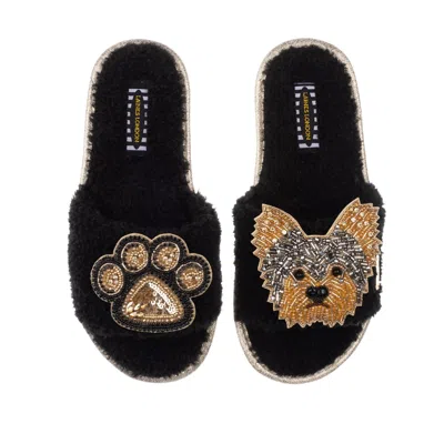 Laines London Women's Teddy Towelling Slipper Sliders With Minnie Yorkie & Paw Brooches - Black